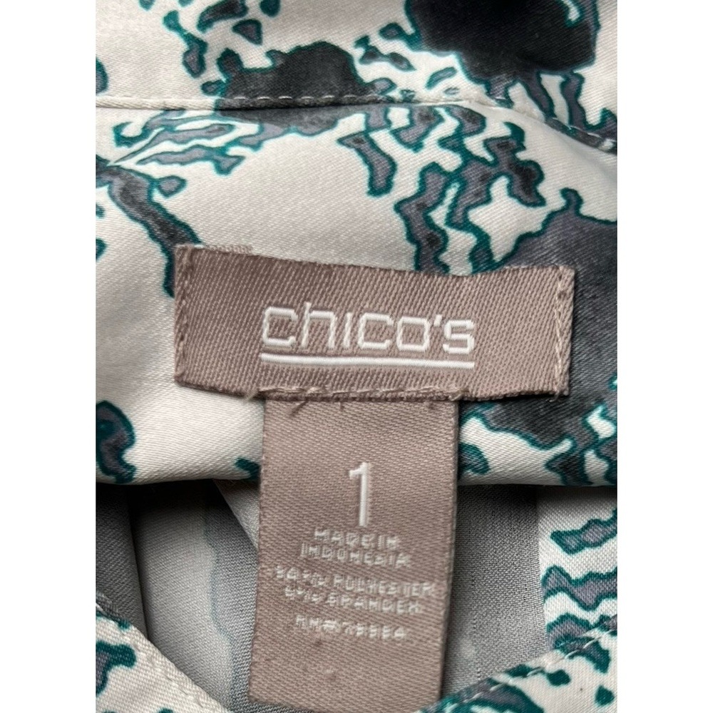 Chico's Mandarin Collar Silky Feel Black Emerald Green Print Shirt Sz 1 Medium - Picture 5 of 14